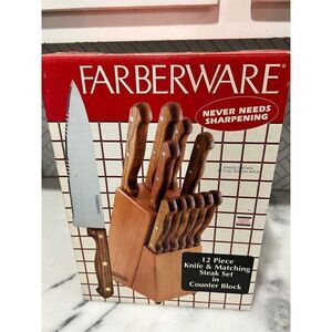Brand new Vintage Farberware Knife Block Primitive Wooden Handle Knives N Block